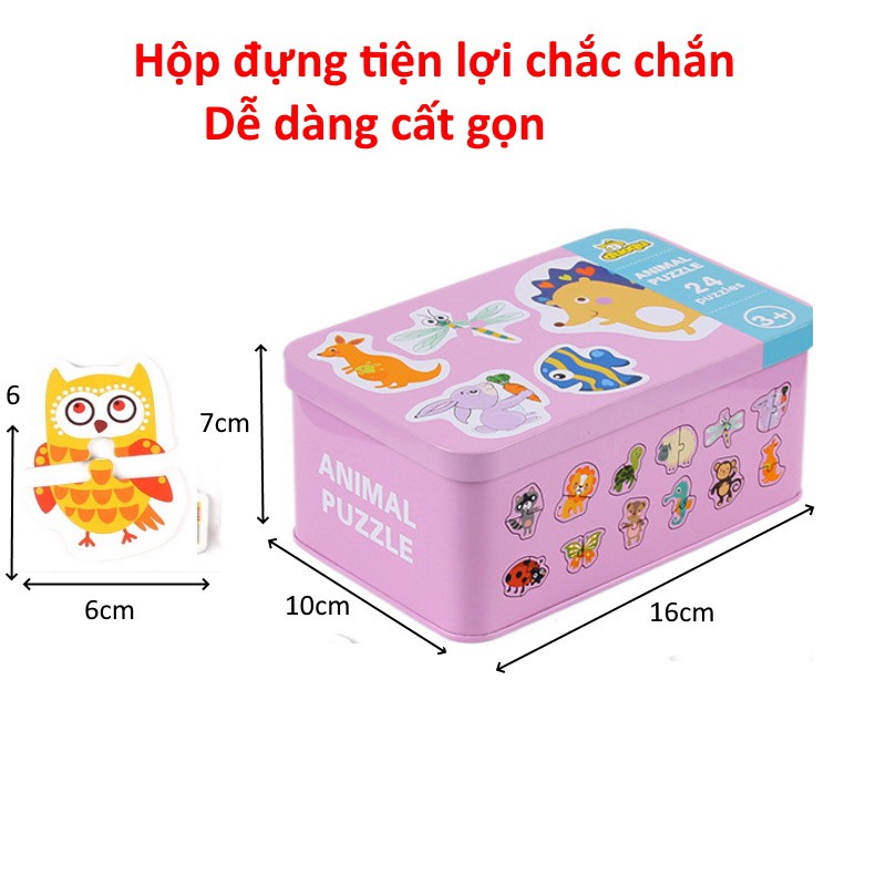 Xếp hình cho bé Puzzle 2 mảnh ghép 24 hình động vật hộp thiếc cho bé tập ghép ETOYS