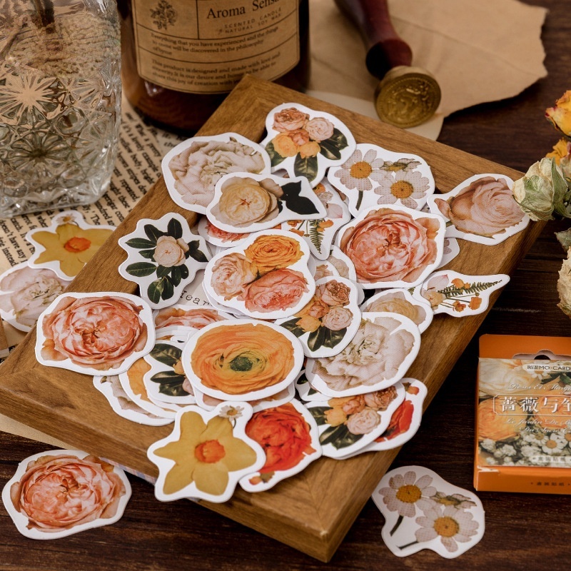 Set 46 Miếng Dán Trang Trí Sổ Tay/Nhật Ký Hình Hoa Cúc Kiểu Retro Xinh Xắn