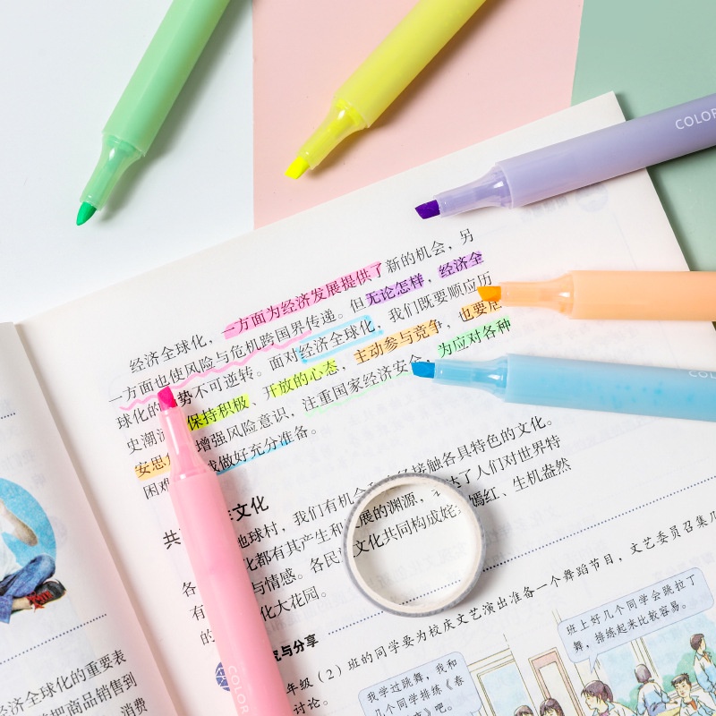 Bộ bút viết bullet journal 3 vintage màu dạ quang pastel TOGU - Set combo 6 bút highlight maker sổ tay cute