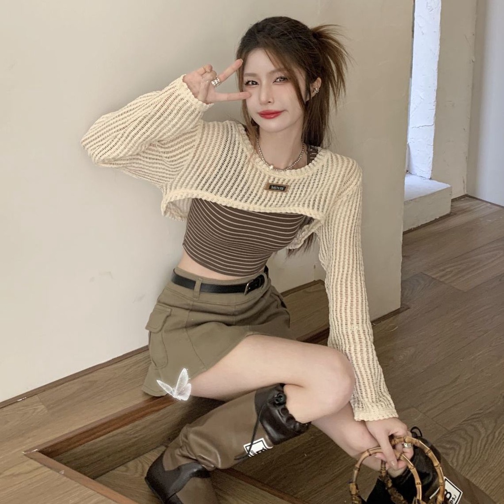 Áo khoác croptop nu Áo Dệt Kim Tay Dài Chống Nắng Dáng Rộng Thời Trang Mùa Hè 2022 Phong Cách Mới Cho Nữ
