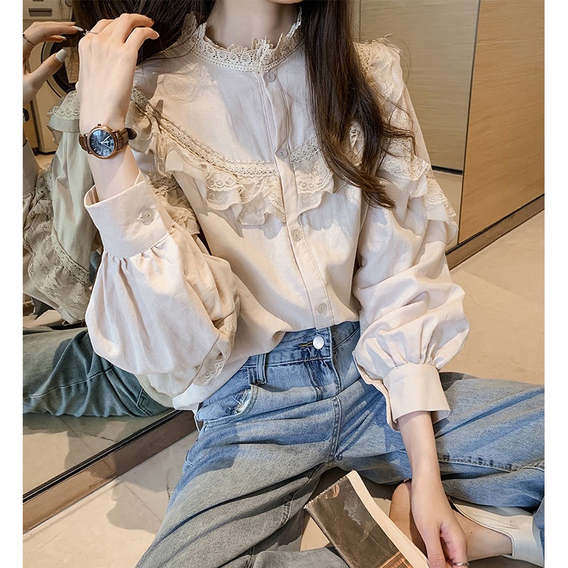 Áo Chiffon Tay Dài Phối Ren Phong Cách Hàn Quốc Đơn Giản Thoải Mái Dễ Phối Đồ