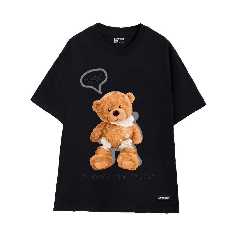 Áo thun cổ tròn unisex nam nữ tay ngắn in hoạ tiết gấu"smile" LOWKEY đẹp K0003 - Form rộng vải cotton