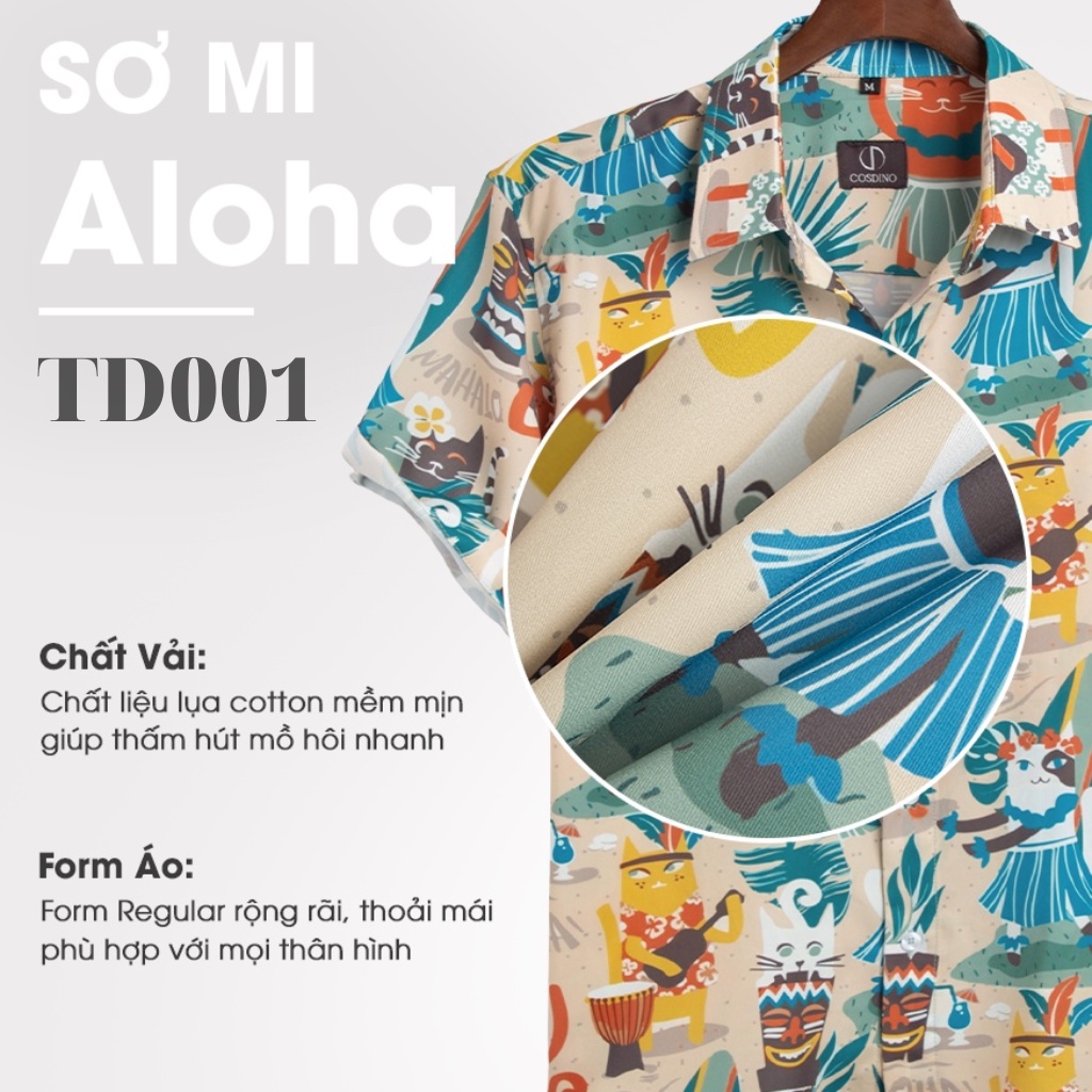 Áo sơ mi nam nữ hoạ tiết ALOHA , sơ mi đi biển ngắn tay vải lụa cotton mềm mịn thấm hút mồ hôi, không nhăn Tibelda TD001
