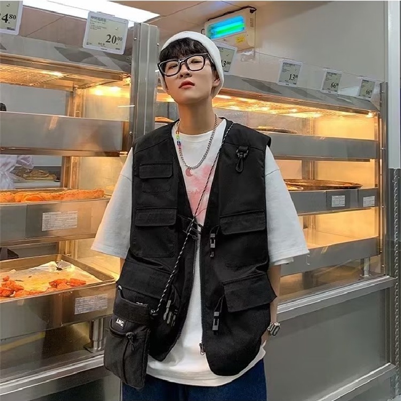 Áo Ba Lỗ Dáng Rộng Nhiều Túi Phong Cách Hip Hop Đường Phố Nhật Bản Cho Nam Cỡ M-2XL