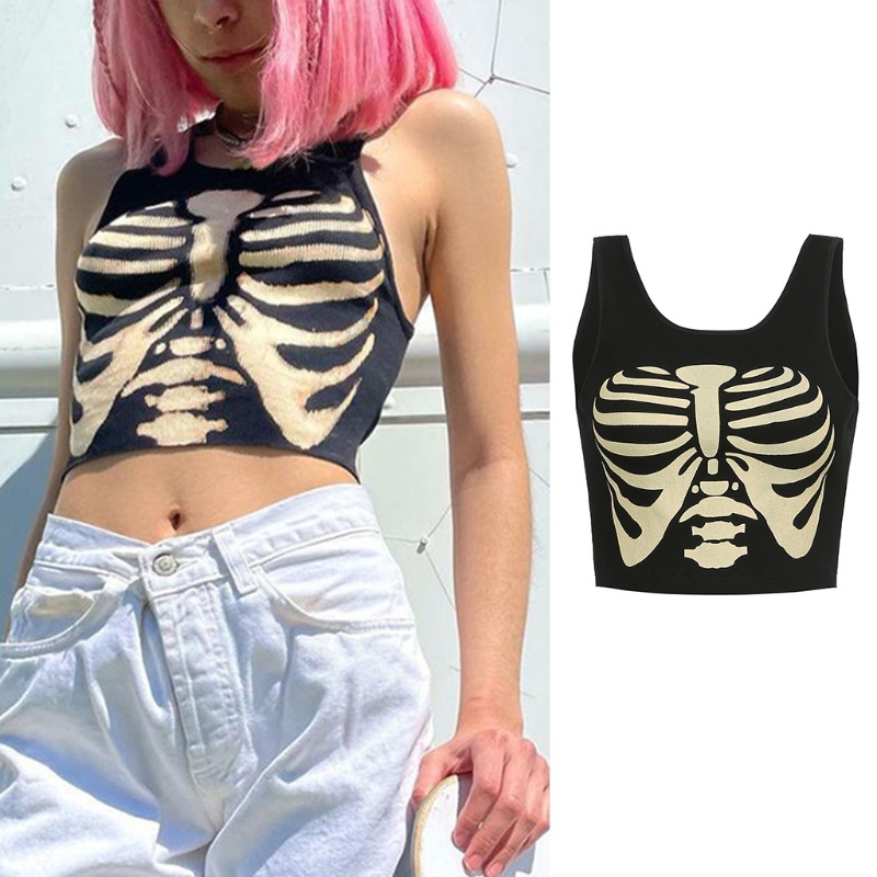 Áo croptop không tay in họa tiết bộ xương phong cách Harajuku thời trang mùa hè cho nữ