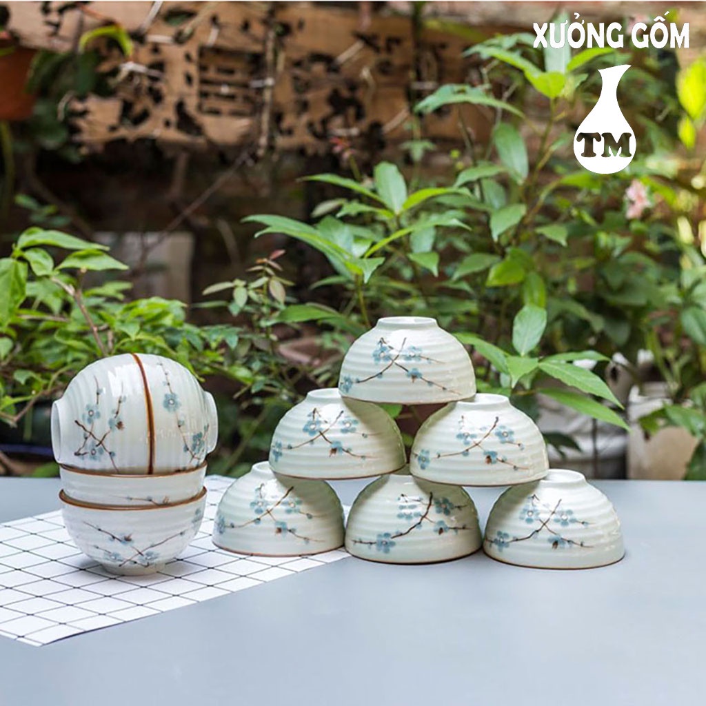 Bộ 06 Bát Chén Ăn Cơm Men Kem Hoa Đào Xanh Vẽ Tay Xưởng Gốm TM Bát Tràng