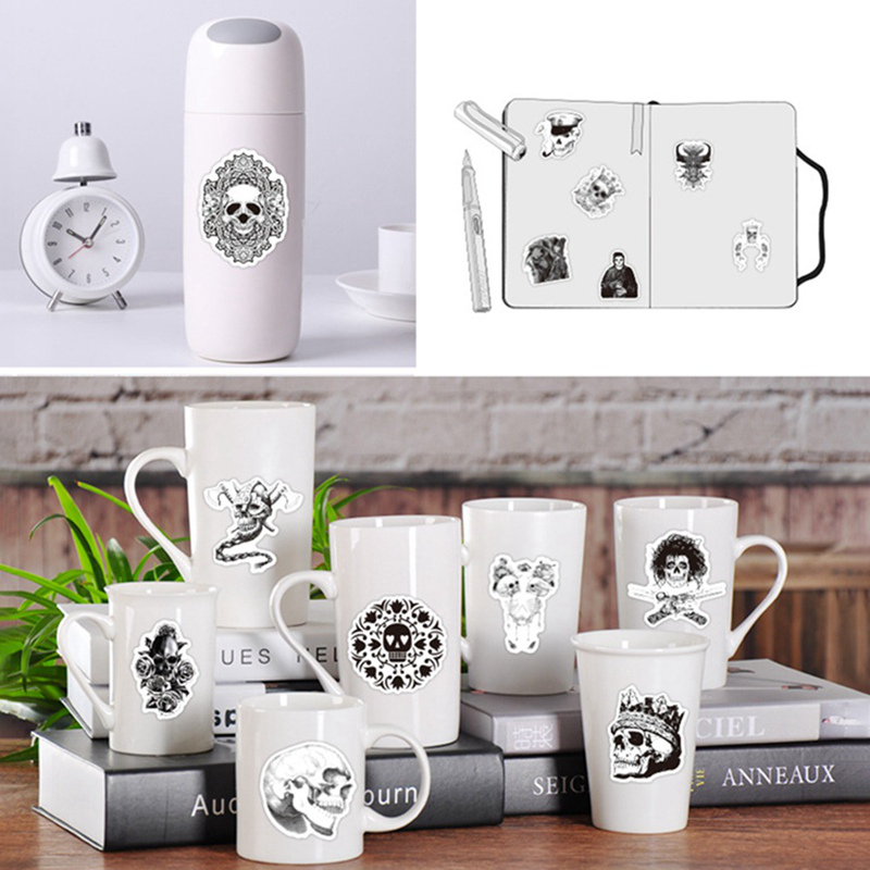 Bộ 50 miếng dán hình đầu lâu trắng đen trang trí ván trượt / sổ tay