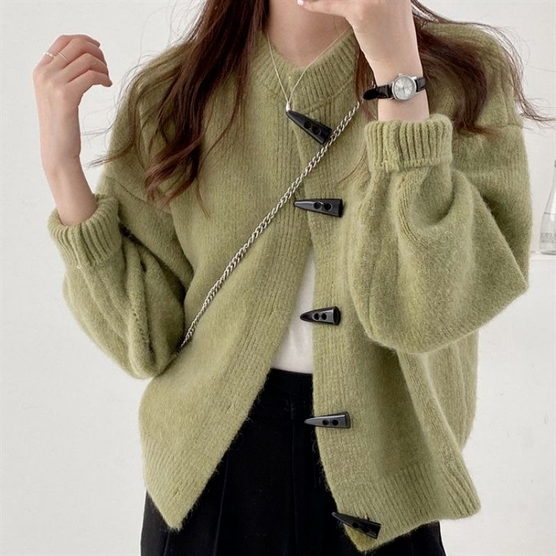 Áo khoác Cardigan dệt kim dáng rộng phối nút sừng phong cách Hàn Quốc thời trang mùa thu mới