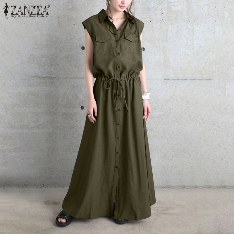 Đầm dài ZANZEA dài dây rút không tay thời trang đường phố mùa hè cho nữ