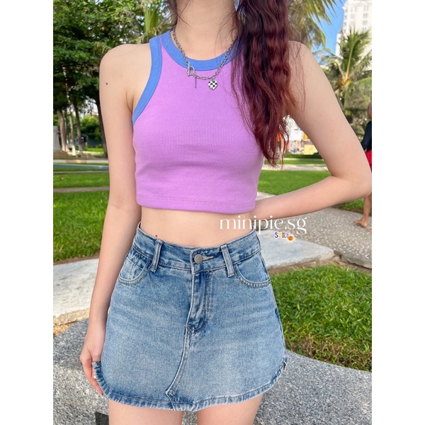 Áo Tank Top / Balo Phối Viền Nhiều Màu Nữ Croptop Kiểu Ôm Cotton Gân Co Dãn Màu Pastel Minipie