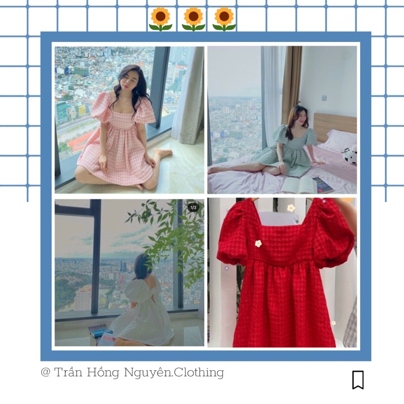 Đầm váy babydoll gấm xốp cổ vuông tay bồng kèm mút ngực