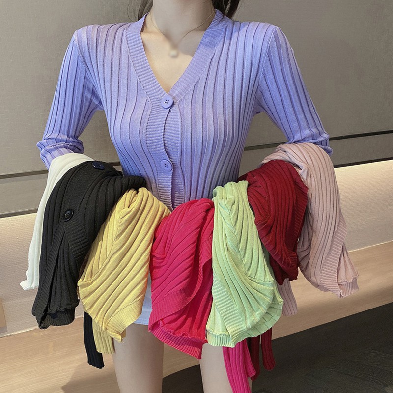 Women's Sexy V-neck Button Lace Ruffled Short Knitted Long Sleeved Cardigan | BigBuy360 - bigbuy360.vn