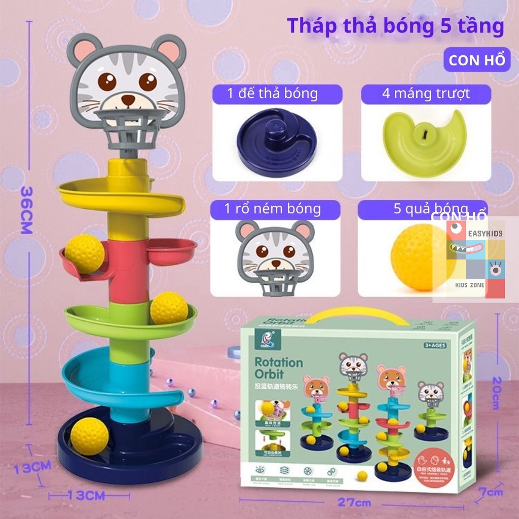 Đồ chơi trẻ em Tháp bóng lăn, cầu trượt thả bóng xoay vòng nhiều 7 tầng 7 bóng EASYKIDS