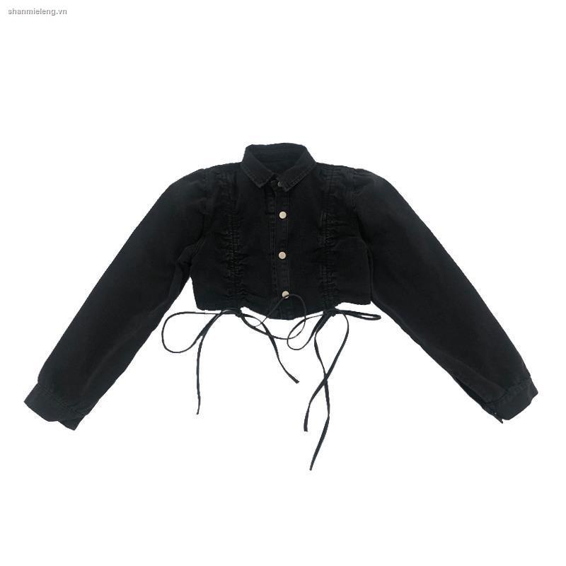 Áo khoác denim ngắn tay phồng thiết kế dây rút thời trang dành cho nữ