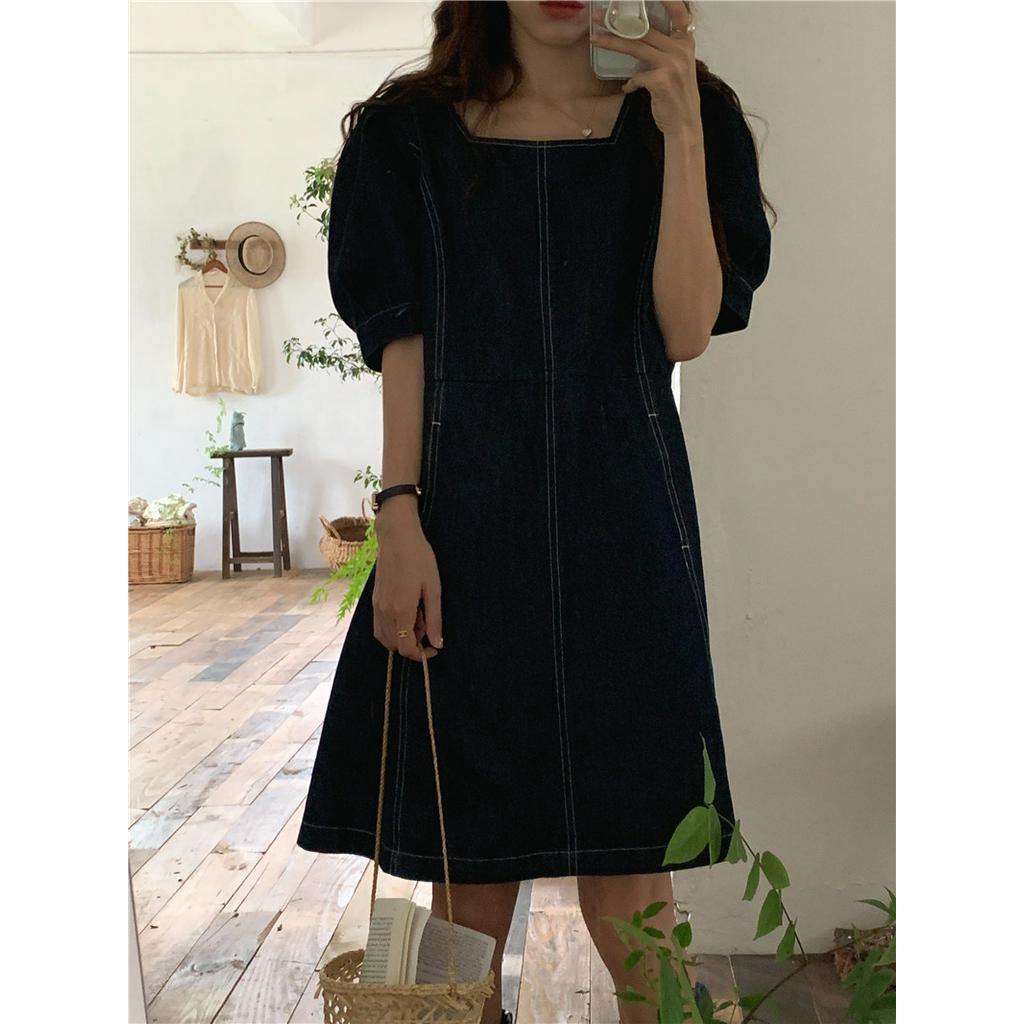 Đầm Denim Chữ A Cổ Vuông Ngắn Tay Dáng Rộng Thời Trang Hàn Quốc 53100