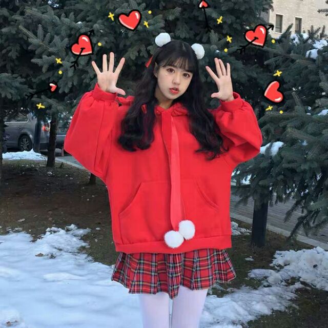 [oder] 😱 áo hoodie ulzzang tay bồng mũ nhọn ông già Noel hot trend kèm ảnh thật