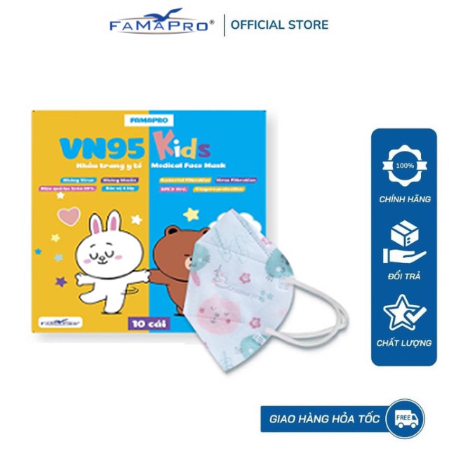 Khẩu trang y tế trẻ em 4 lớp kháng khuẩn Famapro VN95 Kids (10 cái/hộp)