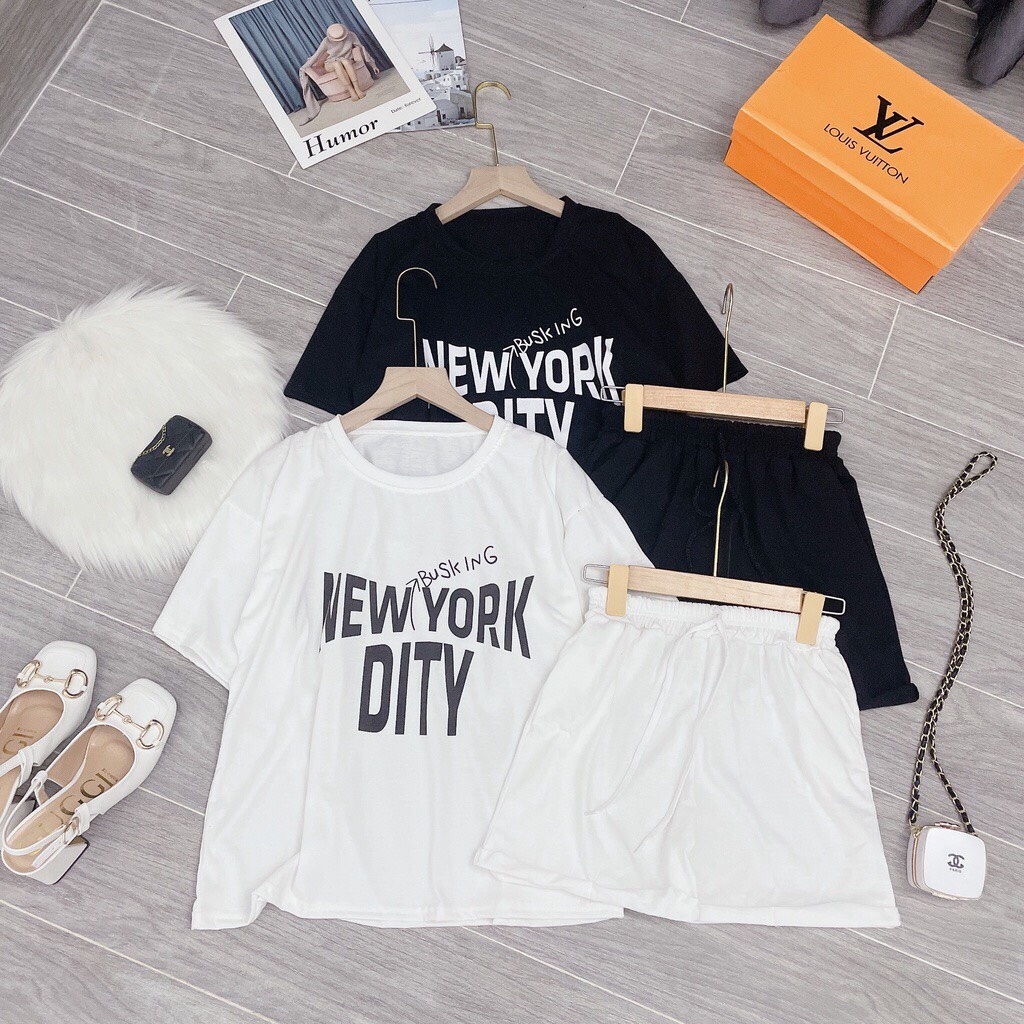 Sét bộ Áo Quần Cộc Nữ New York Dity  Trễ Vai Kèm Quần Đùi In Chữ 2 Màu siêu xinh