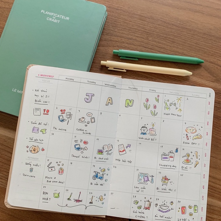 Sổ Planner 2022 Crabit - Sổ lịch A5 lên kế hoạch 12 tháng, có túi sau, 100gsm