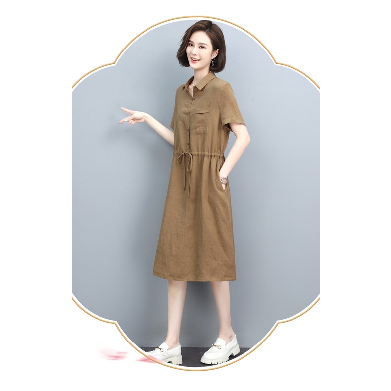 Váy đầm trung niên tặng mẹ, dáng suông, giúp che khuyết điểm bụng tốt, Chất đũi mềm mịn thoáng mát D75