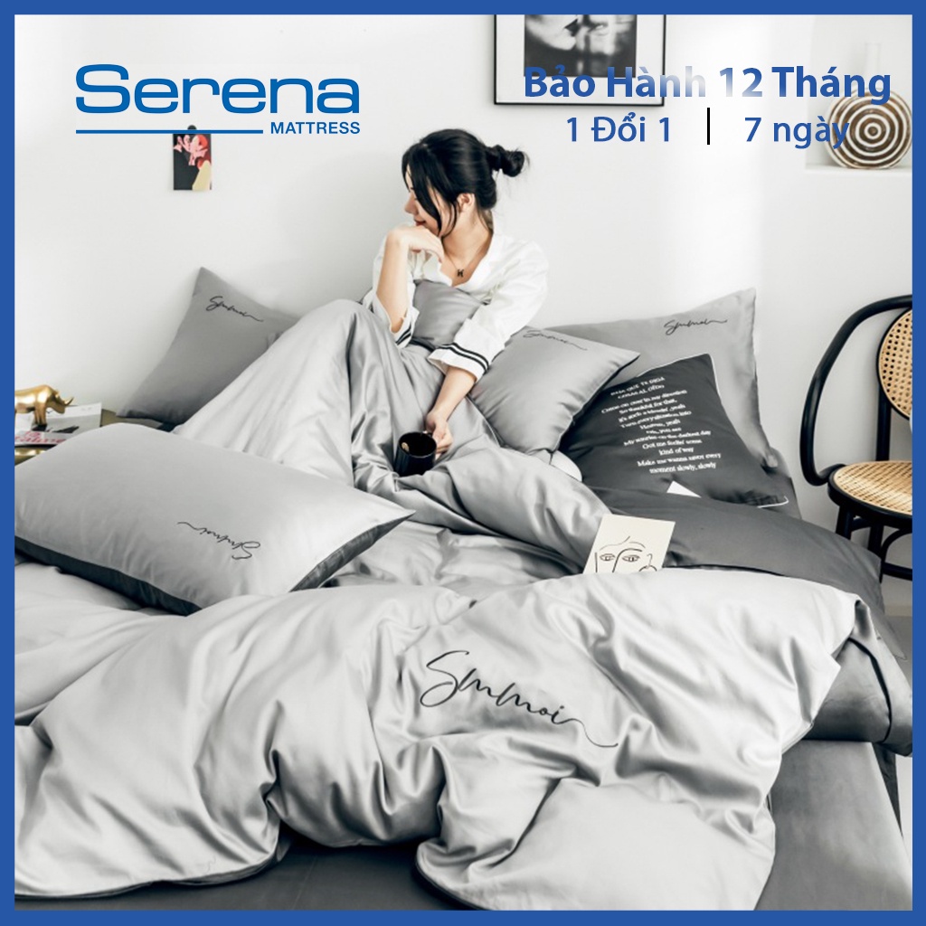 Bộ ga trải giường Lụa Ai Cập SERENA Cao Cấp set 5 món chăn drap giường vỏ gối - Hệ Thống Nệm