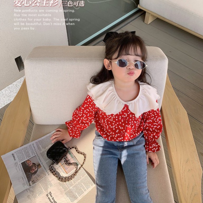 Áo Sơ Mi Chấm Bi Tay Loe Cổ Rộng Xinh Xắn Cho Bé Gái