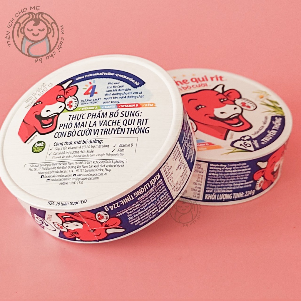 Phô mai Con Bò Cười 16/8 miếng bổ sung Canxi + vitamin Vị truyền thống ăn liền La Vache qui Rit