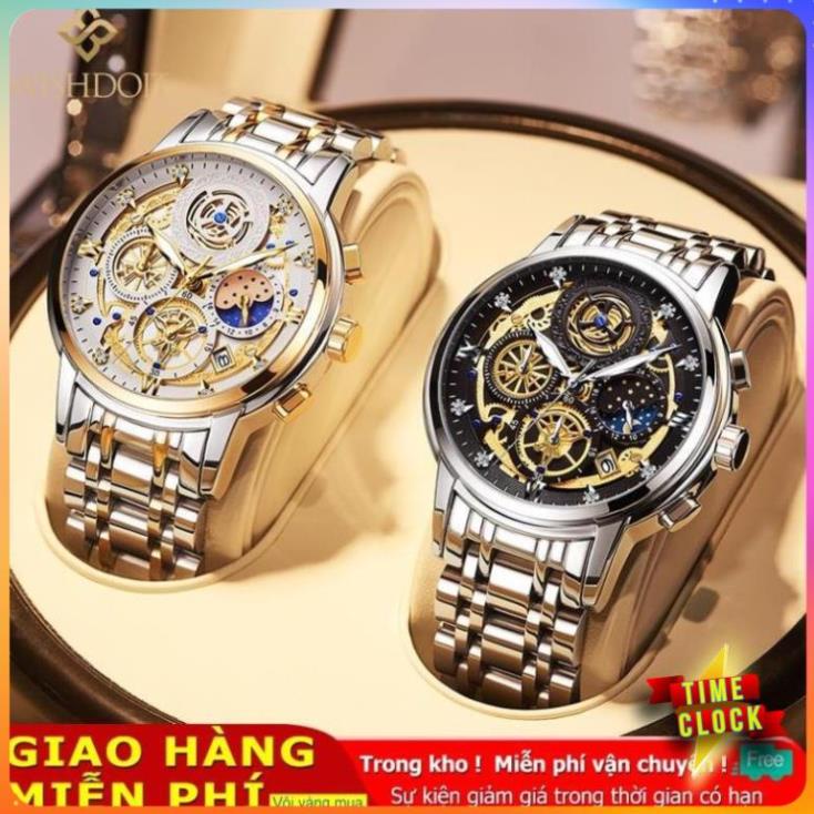 WISHDOIT Đồng Hồ Quartz Ba Mắt Đa Năng Dây Thép Không Gỉ Thời Trang Thể Thao Cho Nam