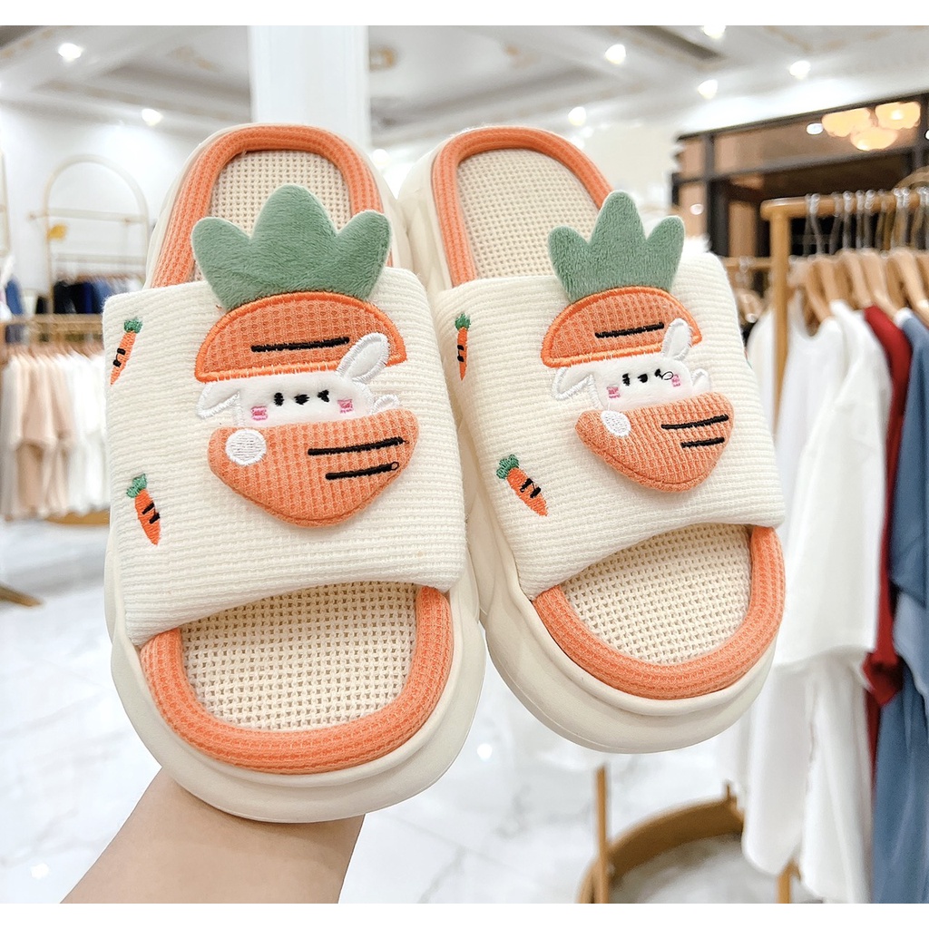 Dép bánh mì nữ, dép phối vải thêu hình con ếch củ cà rốt đế độn siêu nhẹ chất liệu EVA size kép 36-41