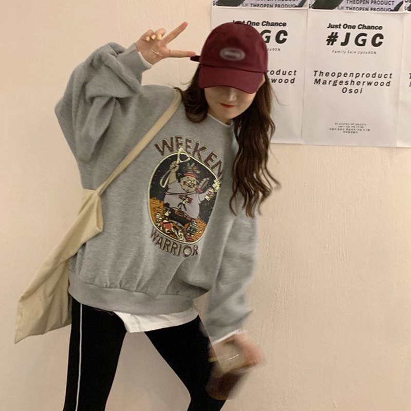 Áo nỉ nữ dài tay cổ tròn thời trang Hàn