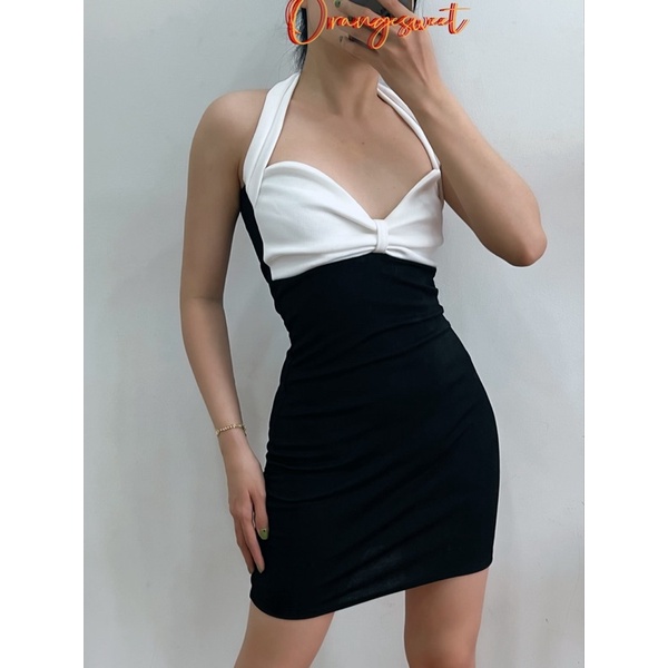 Đầm Body Nơ Trắng Dây Cổ Siêu Xinh  Nơ2