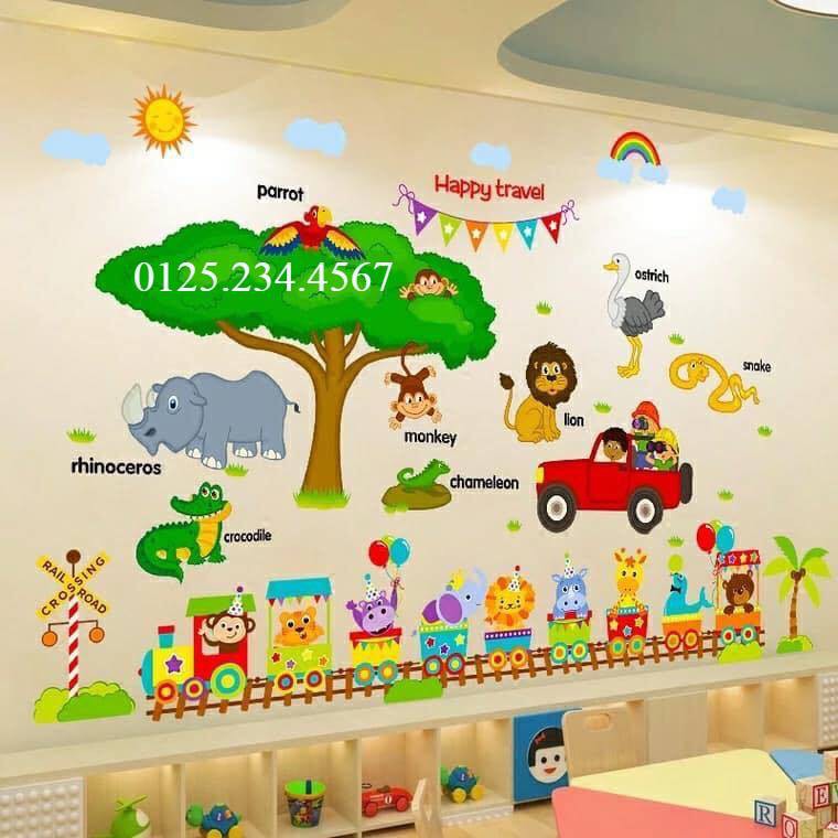 Decal dán tường Combo 2 tranh vườn thú tiếng anh + đoàn tàu happy