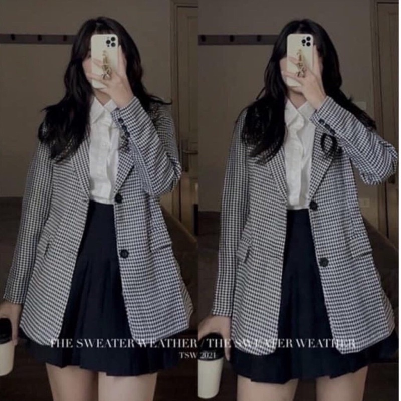 Áo Blazer nữ 2 lớp phong cách Hàn Quốc, Áo vest nữ khoác ngoài kẻ răng sói nhỏ đẹp –