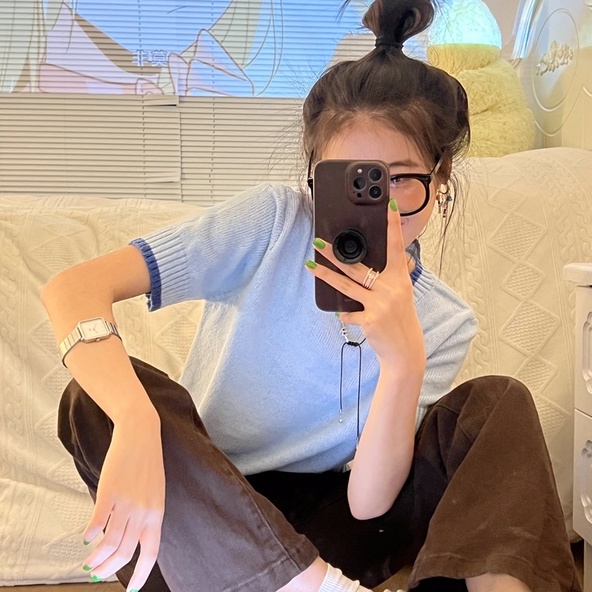 Áo thun ZHELIHANGFEI dệt kim tay ngắn cổ tròn dễ phối đồ hợp thời trang cho nữ