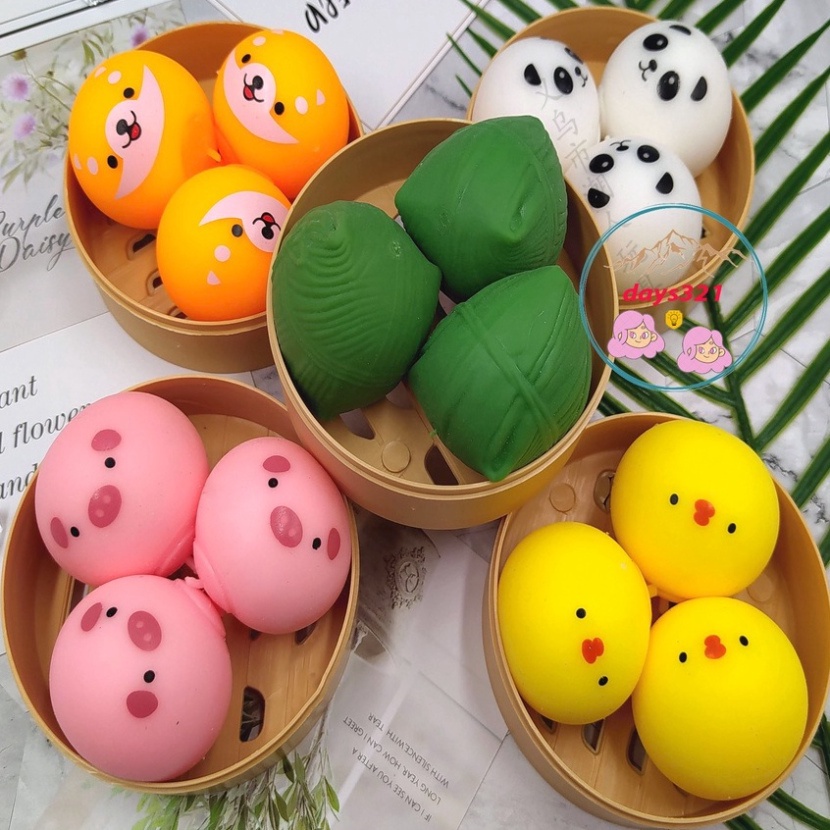 3 chiếc bánh bao màn thầu squyshi bánh chưng mềm mại hộp heo trắng thỏ hồng xinh xắn đáng yêu