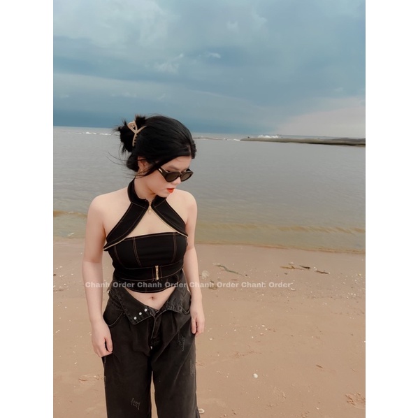 Quần Jean Ống Rộng Cạp Bẻ Màu Đen Phong Cách Retro