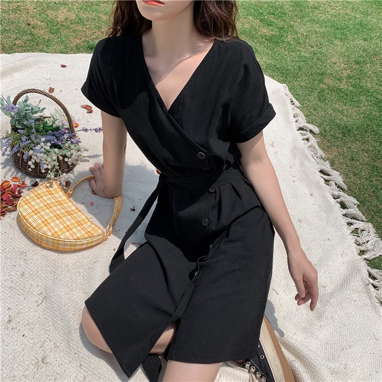 SUXI Đầm Nữ Tay Ngắn Cổ Chữ V Thời Trang Quyến Rũ