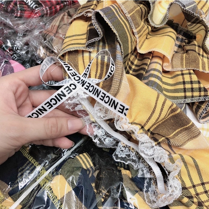 Rẻ vô địch Set Bộ Quần tầng caro đính nơ Kèm Áo Ống Trơn alohashop91