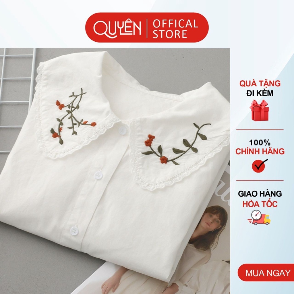 Áo sơ mi cổ thêu hoa công sở Quyên Fashion AA555 màu trắng tay tiểu thư