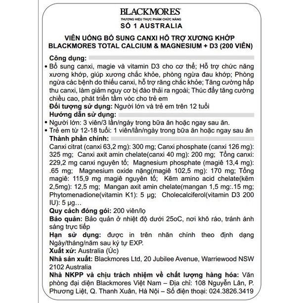 [Chính hãng Úc] Viên uống bổ sung Canxi, Magie, D3, hỗ trợ xương khớp Total Calcium &amp;Magnesium+D3 Blackmores Úc 200 viên