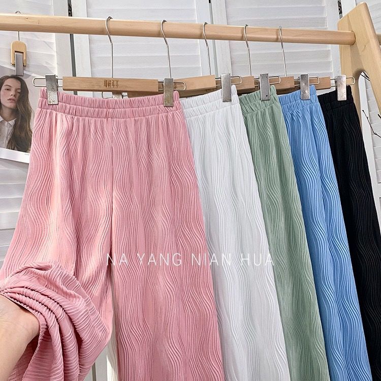 Quần ống rộng Xếp Ly Bằng Lụa Băng Lưng Cao Họa Tiết Sọc Lượn Sóng Mùa Hè Cho Nữ