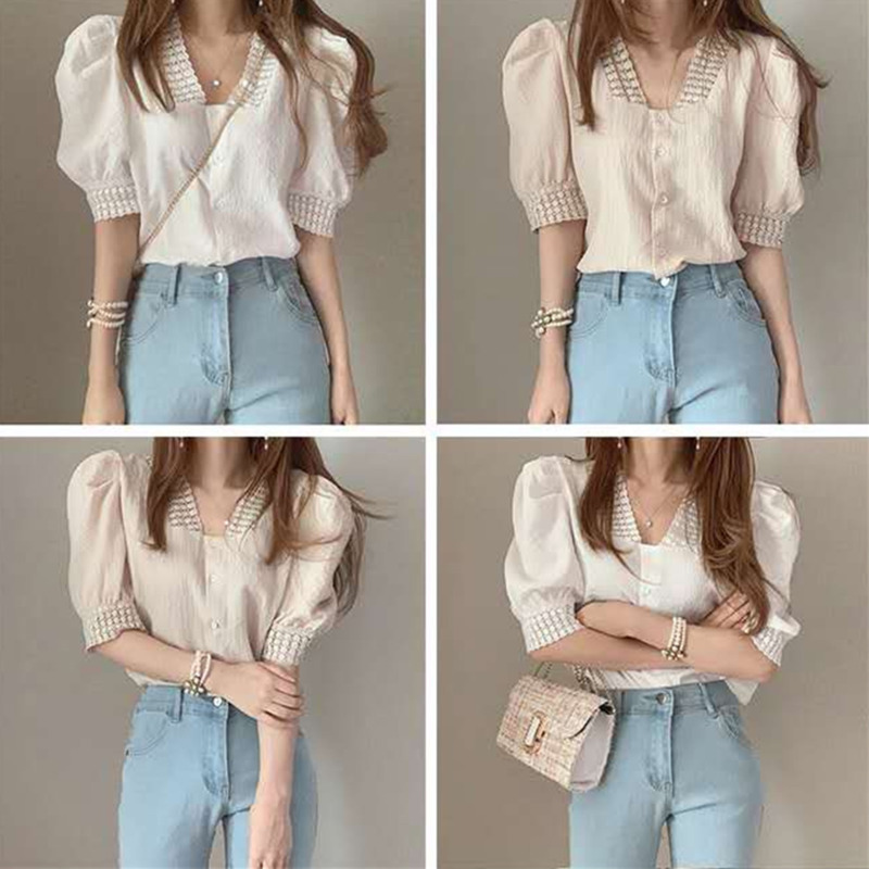 Áo Sơ Mi Nữ Tay Ngắn Cổ Chữ V Phong Cách Hàn Quốc