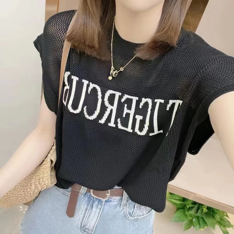 IELGY Áo Thun Tay Ngắn Dáng Rộng In Chữ Khoét Lỗ Thời Trang Cho Nữ