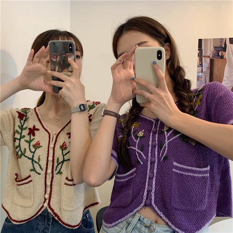 Áo Dệt Kim Ngắn Tay Cổ Chữ V Thêu Hoa Thời Trang Mùa Hè Phong Cách Hàn Quốc Vintage Mới Cho Nữ