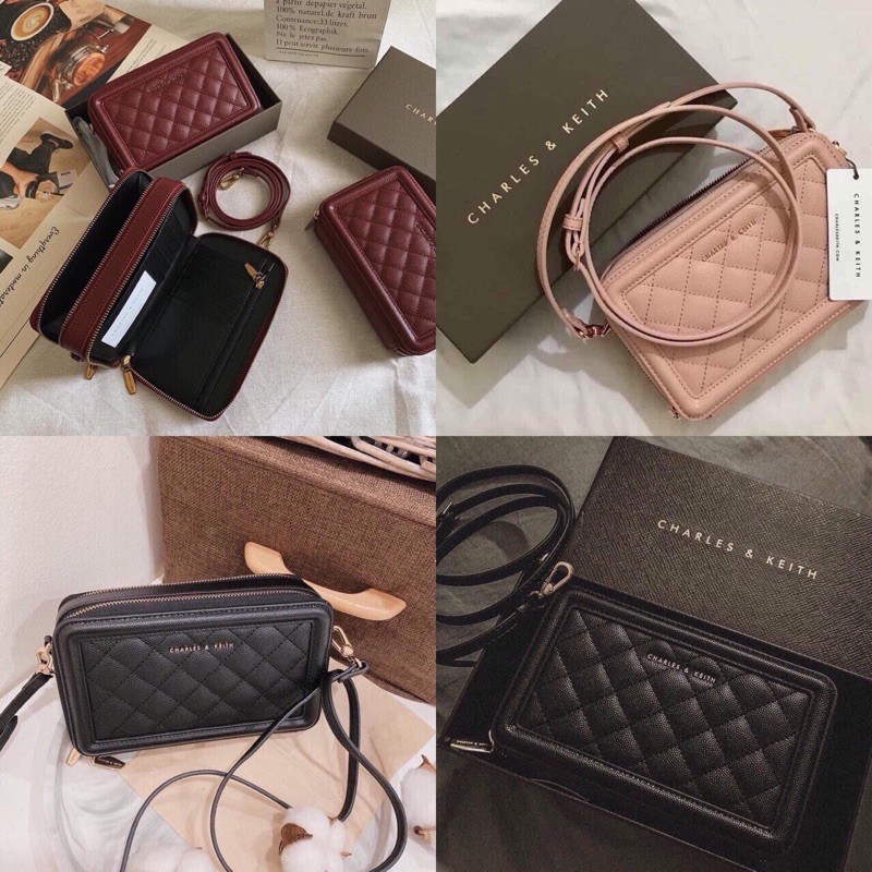 Ví Dài CNK Trám Hộp Hai Khoá Kéo Quilted Long Wallet Hàng Fullbox Có Dây Đeo