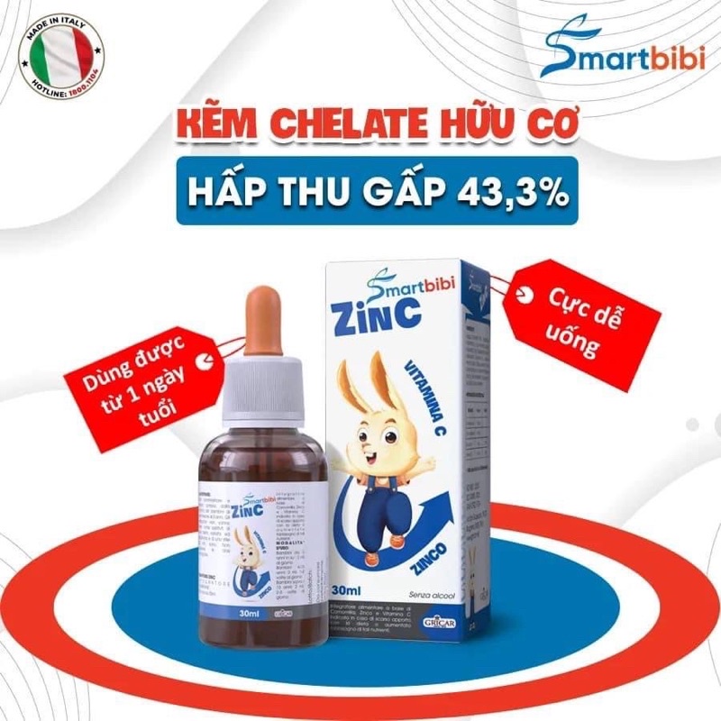Siro kẽm Chelat hữu cơ Smarbibi Zin C giúp bé tăng đề kháng kích  thích ăn ngon,ngủ ngon