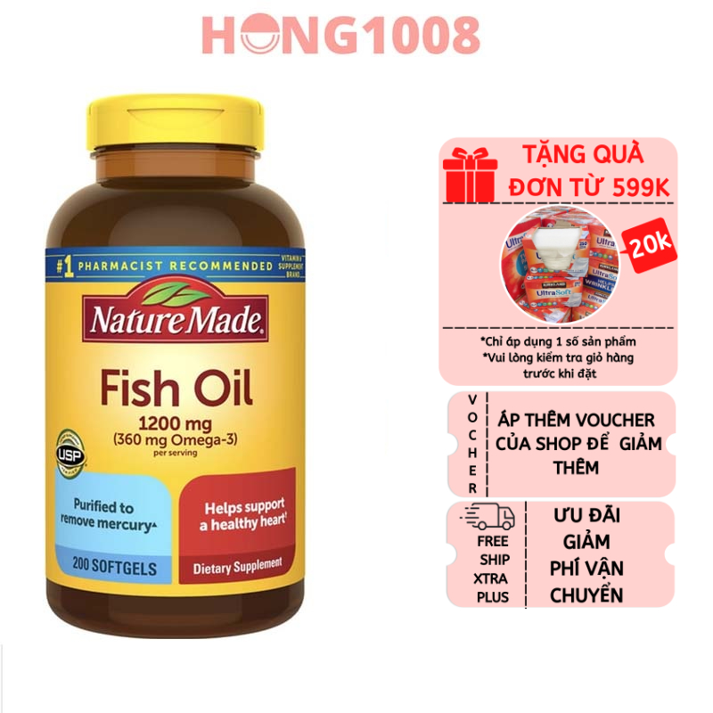 Viên uống Dầu Cá Nature Made Fish Oil 1200mg 360mg Omega 3 200 viên