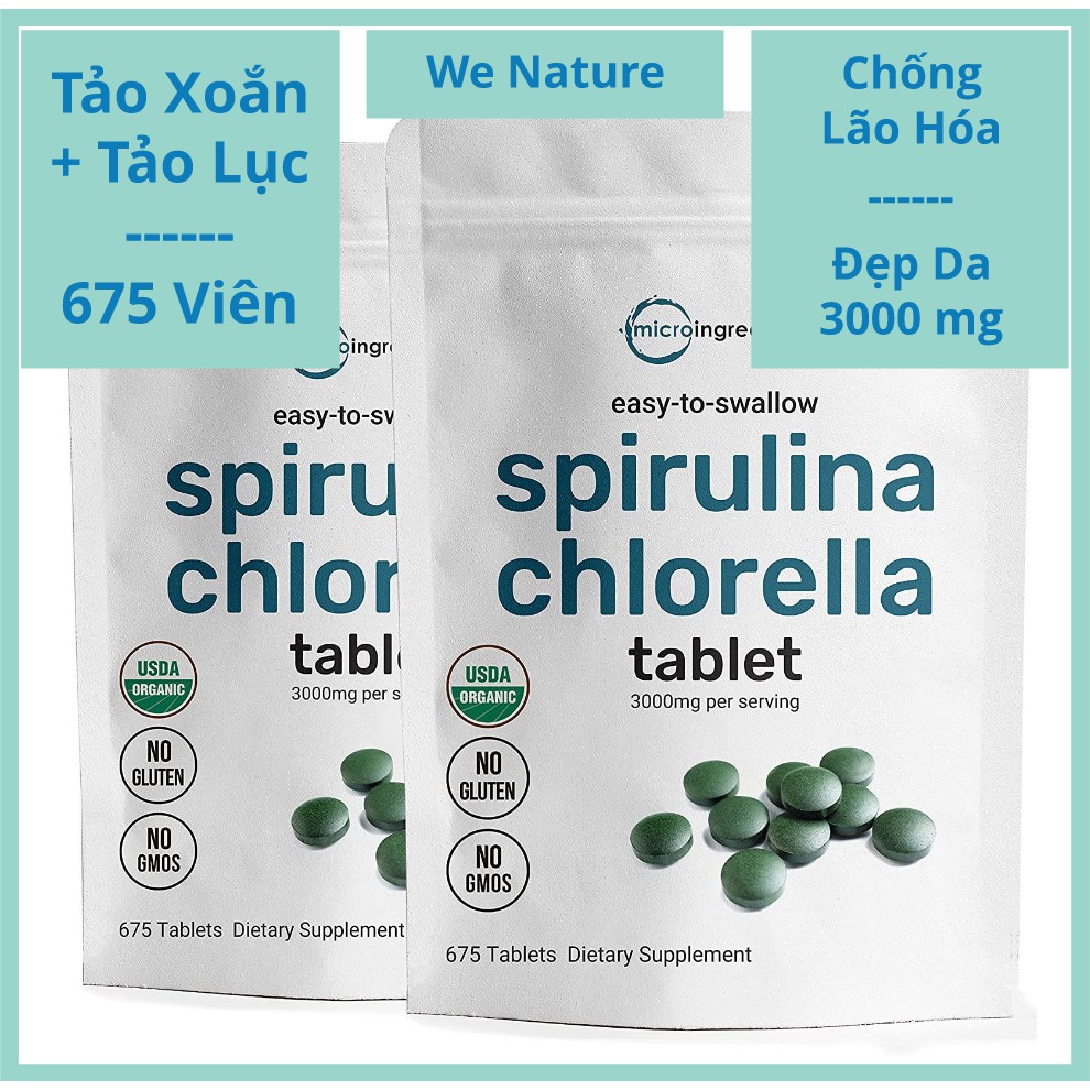 Tảo Xoắn - Tảo Lục - 675 Viên - Chống Lão Hóa - Micro Ingredients - Spirulina - Chlorella