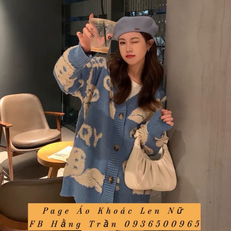 Áo khoác len cardigan gấu nút from rộng.