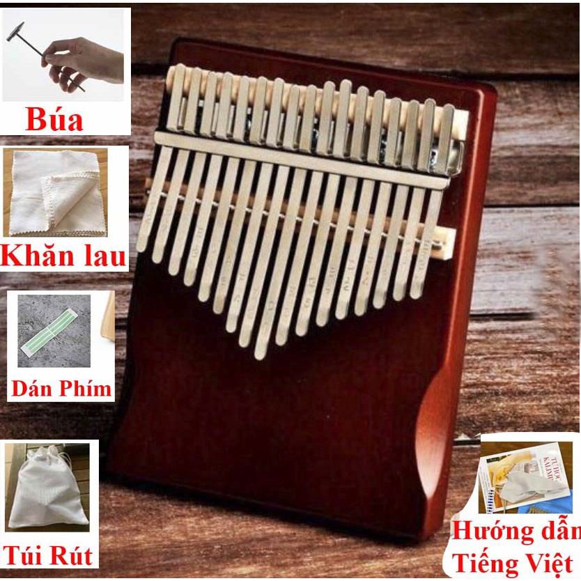 Đàn Kalimba 17 Phím Khoét Eo Màu Nâu Cầm Không Đau Tay, Giá Rẻ Cho Người Mới Tập, Full Túi, Búa, Sách, Khăn, Dán Phím